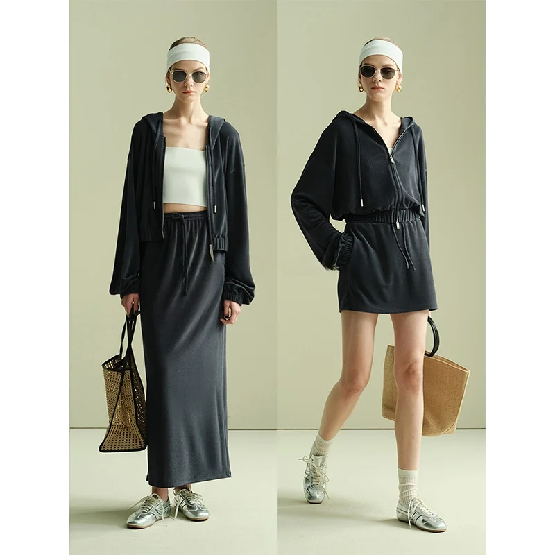 

Faionable Acetate Blend Hooded Jaet Skirt Set Effortl Sle Commute Windbreaker ort Coat for Women Ladies