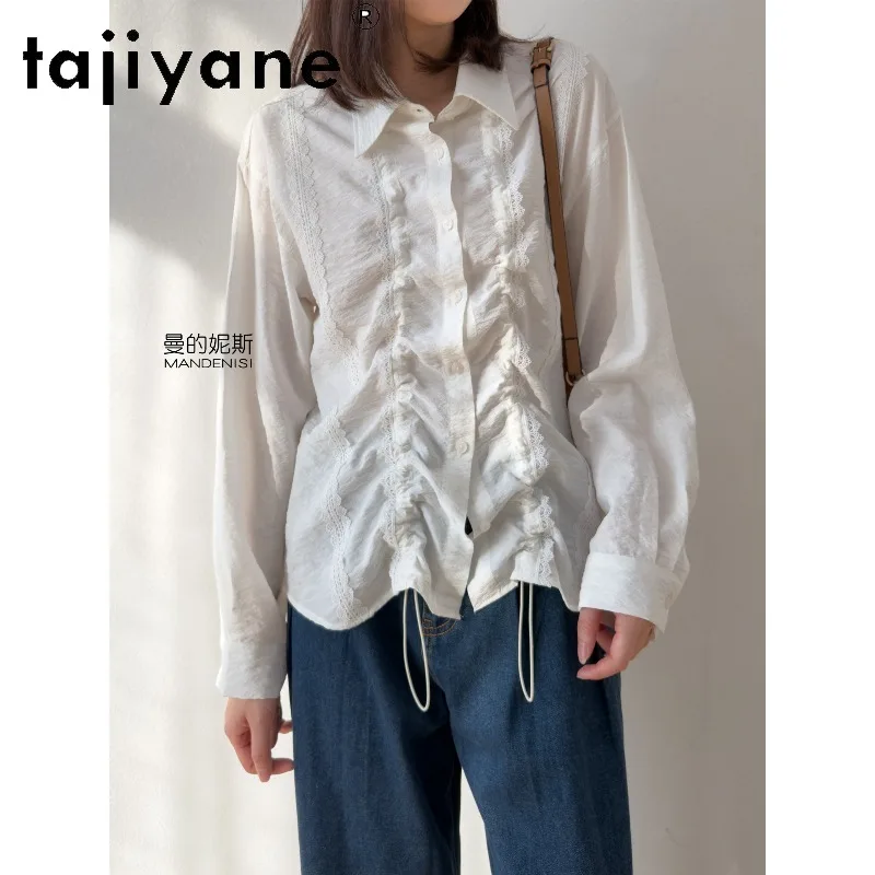 TAJIYANE 76% Mulberry Silk Shirt Women Blusa Lace Drawstring White Blouse Summer Tops for Woman Long‑Sleeve Cardigan 2026 블라우스
