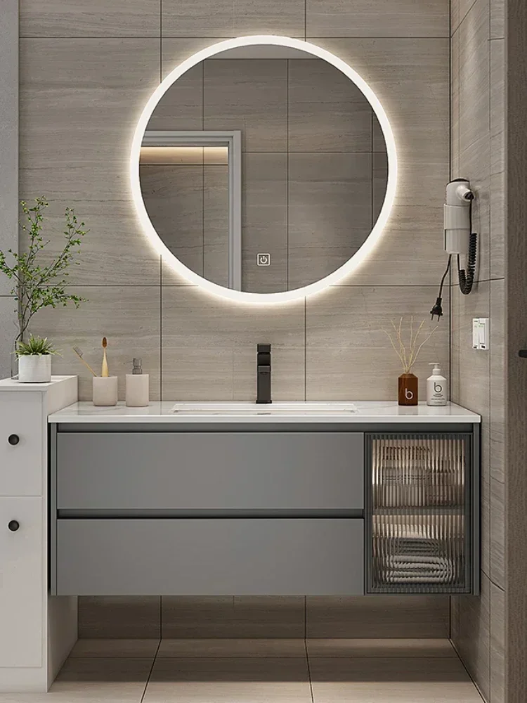 

Tocador baño inteligente de mármol, mueble con lavabo y espejo, combinación de lavado de una mano, espejo redondo para inodoro
