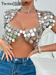 Sexy see through metal sequin crop top women clothing summer hotwife nightclub party tops woman backless body cropped tank top