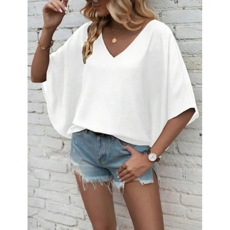 

Pure Color V-ne Batwing Sve Casual irt Tee-piece Set P 359 Sle Seven-quarter Length Other Material 00%
