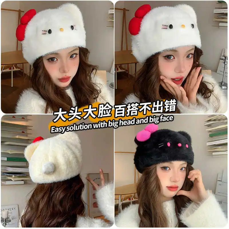 Hello Kitty Kawaii Plush Hat Spring and Autumn Cute Girls Y2K Beret Fashion Item Comfortable High-Quality Hat Holiday Gift