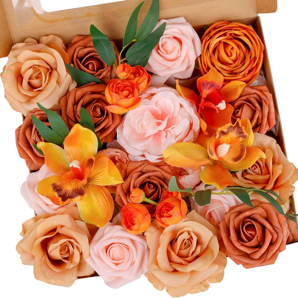 Yannew Burnt Orange Artificial Roses Flower Combo Box Set for DIY Fall Autumn Boho Wedding Bridal Bouquet Arrangement Decoration