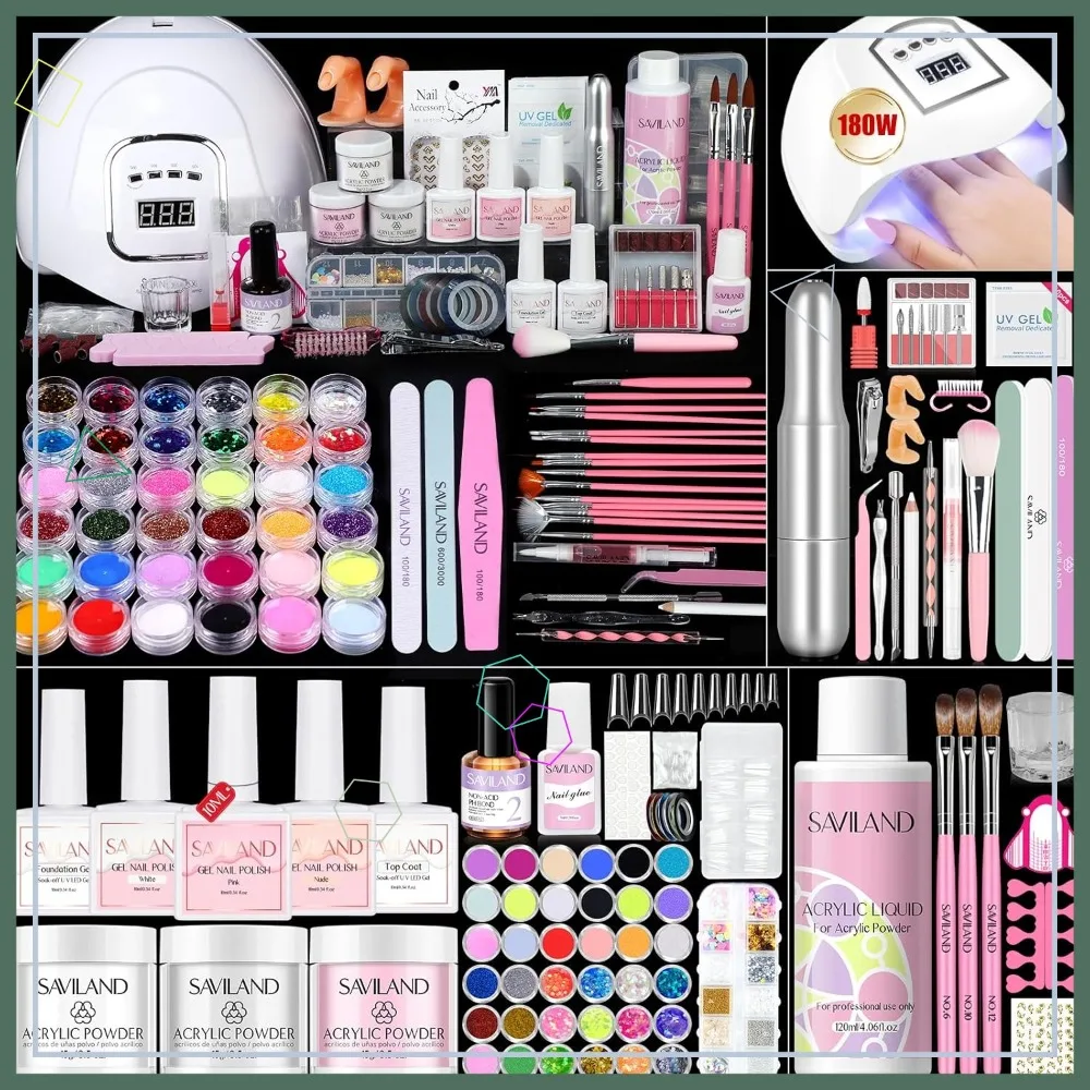 

Complete Acrylic Nail Kit for Beginners: Powder, Gel Polish, 180W Lamp, Drill & Full Tools - Home Starter Set