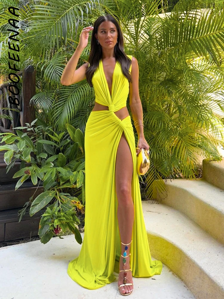 BOOFEENAA Sexy Deep V Cut Out Slit Maxi Dress Summer Outfits for Women Elegant Vacation Asymmetrical Long Dresses C85-DH29