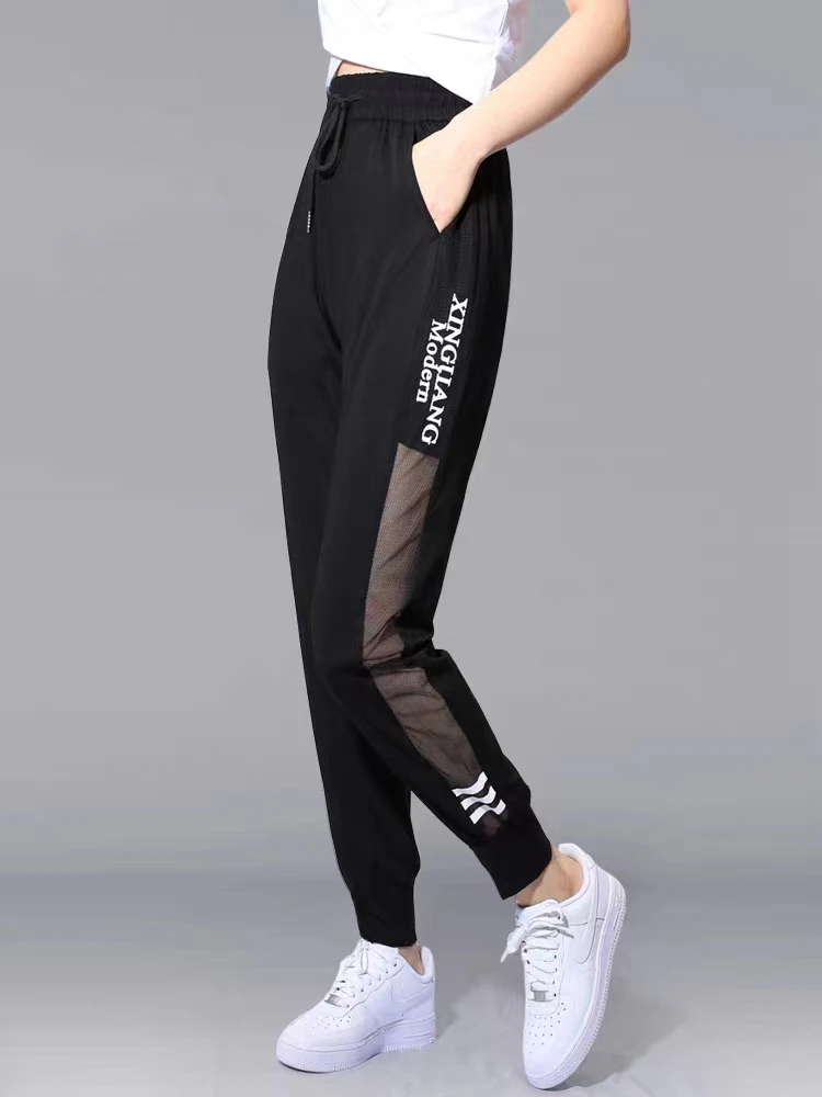 

Женские летние тонкие спортивные брюки-капри с высокой талией, эластичные, свободные, быстросохнущие, из хлопка и полиэстера, с лоскутным дизайном