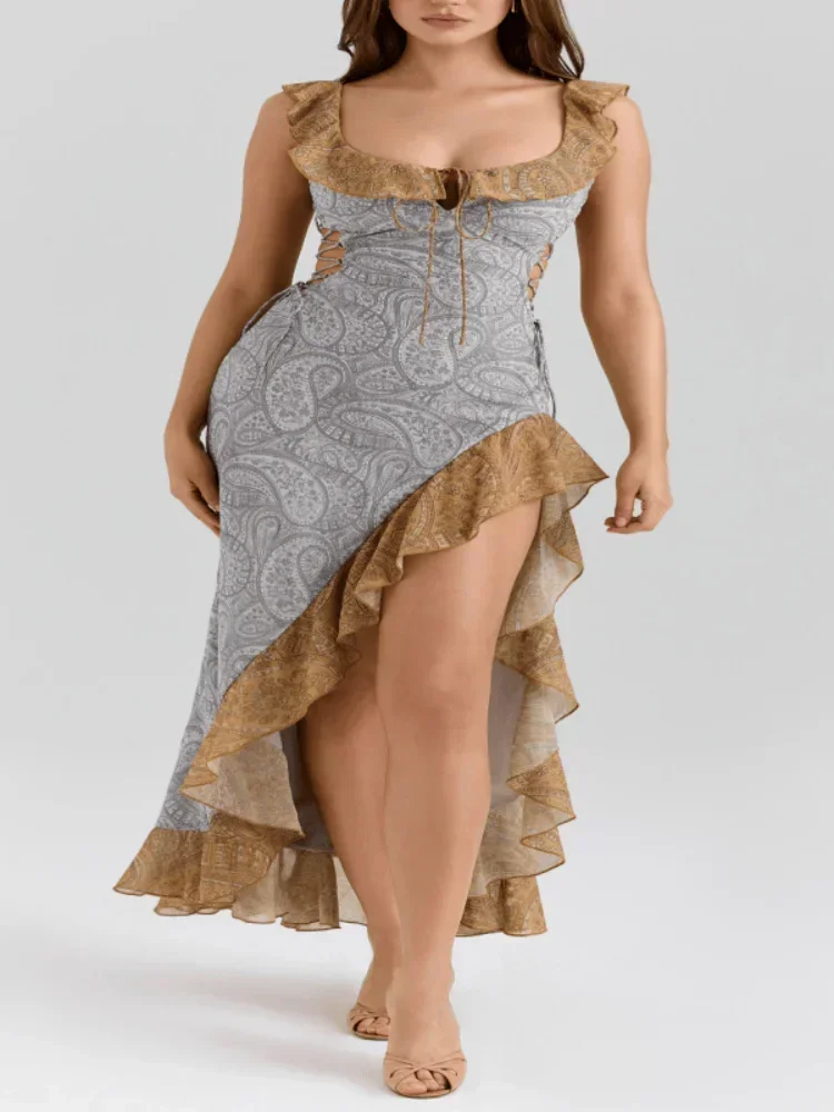 Seksowna Sukienka Długa z Falbankami i Nadrukiem Damska Kwadratowy Dekolt Bez Rękawów Wycięta Sukienka Bandage 2025 Nieregularna Sukienka Wieczorowa Vestidos