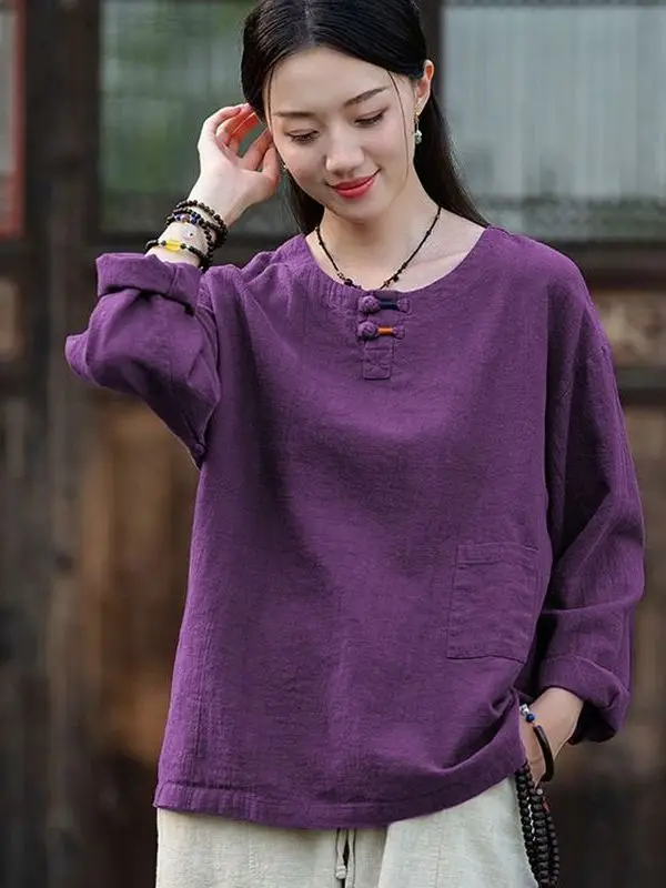 

New Chinese Sle Cotton Linen Button up Top Loose Long Sve Tea Clothing Buddhist Layman's Retro Spring Faion Ladies' Cl...