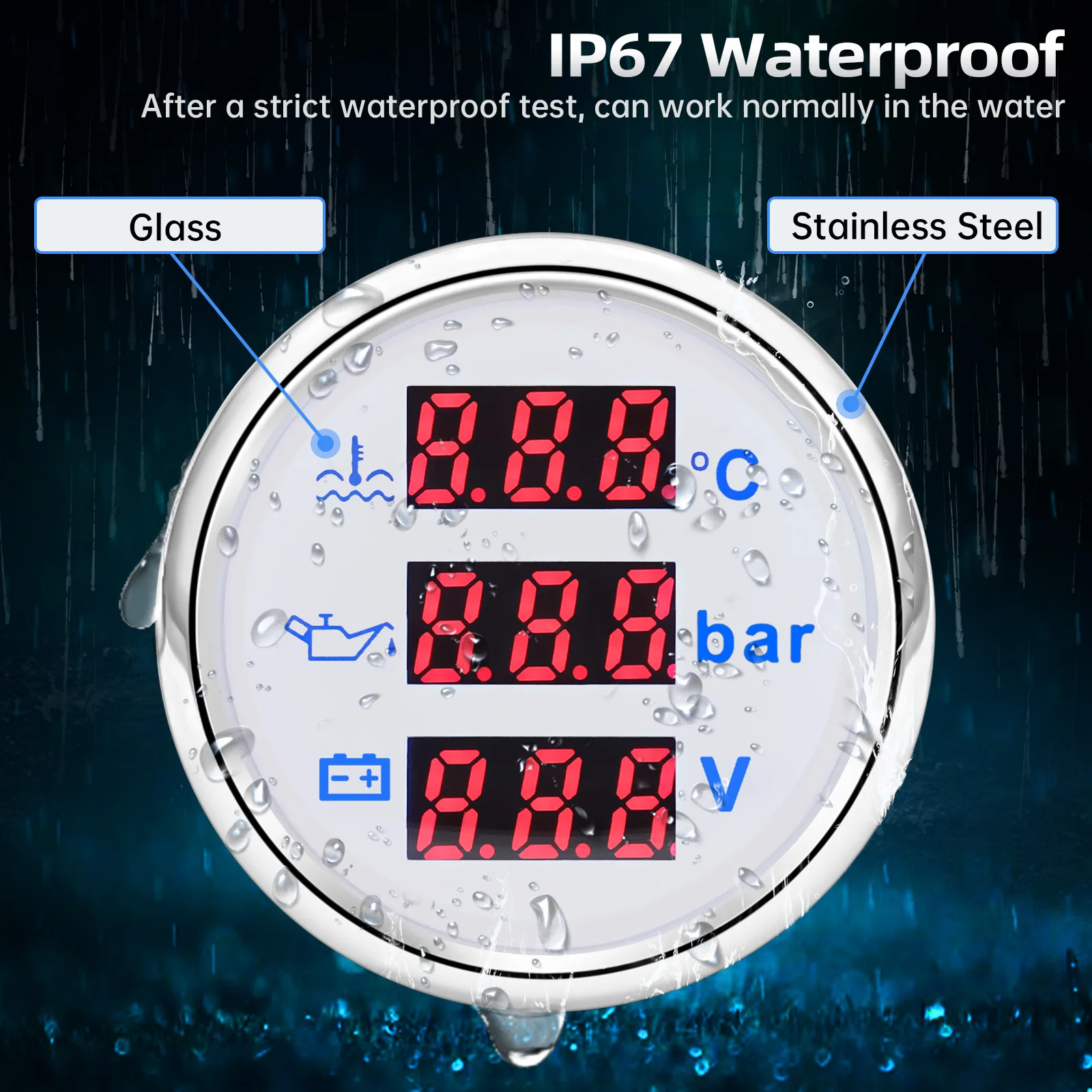 3-in-1 Digitalanzeige 52mm + Temperatursensor + Drucksensor 0~120 ℃ Wassertemperaturmesser + Öldruckmesser + Spannungsmesser mit Alarm – Detail 17
