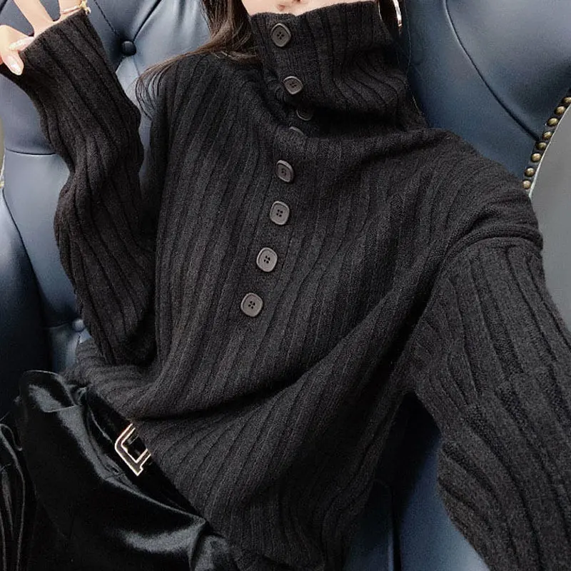 Basic Autumn Winter Knitted Sweater Women\'s Clothing Solid Color Stylish Pile Collar Button Casual Long Sleeve Loose Jumpers New