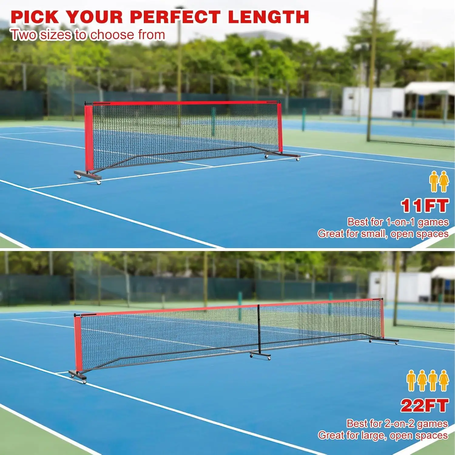 Portable Pickleball Net Set with Wheels 22 FT Regulation Size & 11 FT Half Court Size 2-in-1 Pickle Ball Net