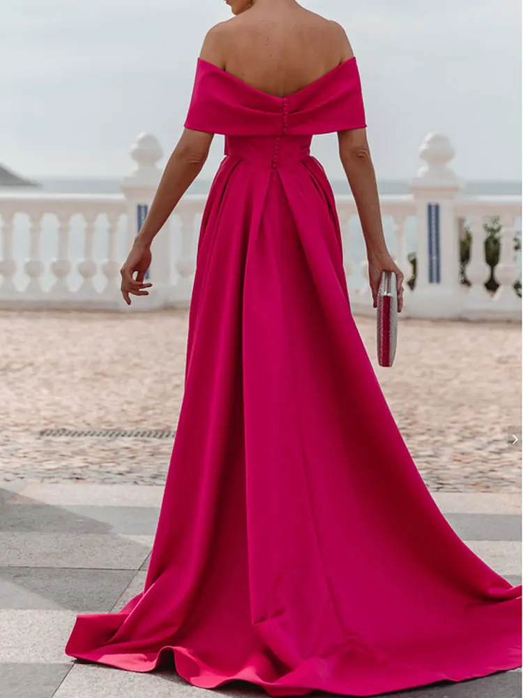 A-Line Evening Gown Elegant Dress Formal Wedding Court TrainSleeveless off Shoulder Bridesmaid Dress Satin with Ruched Slit 2024