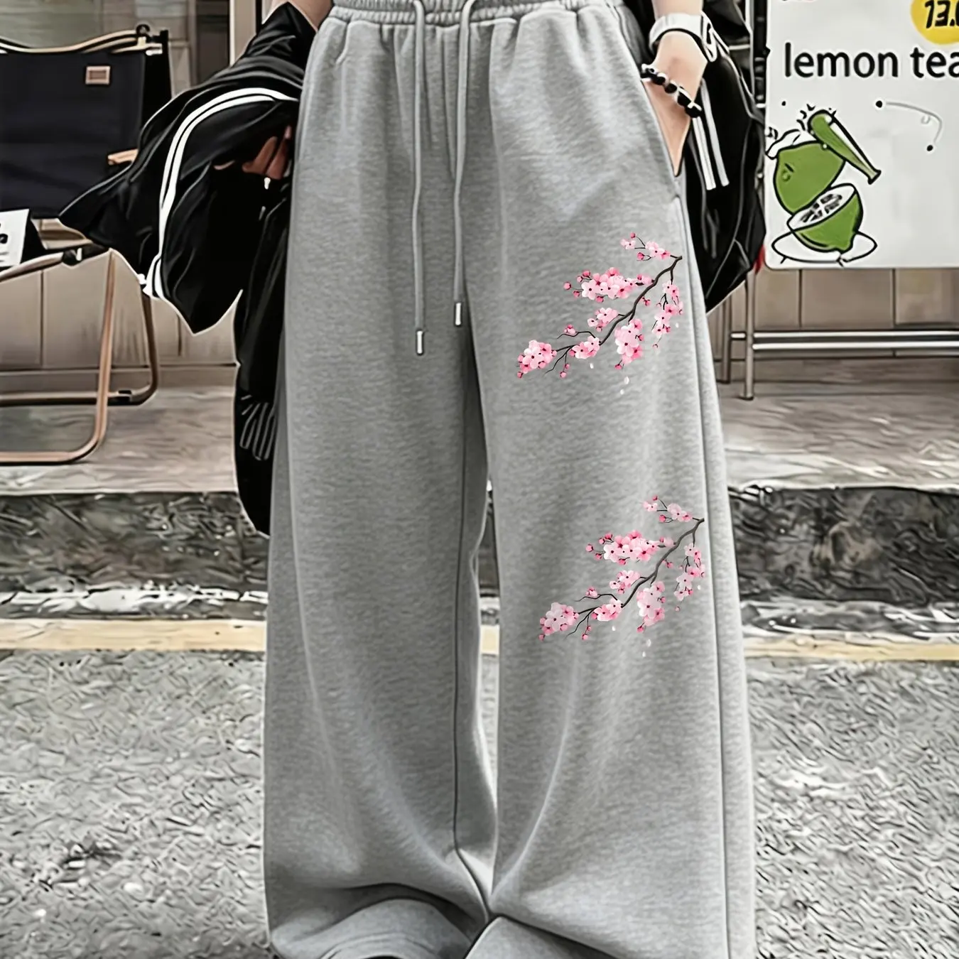 New Chinese Style Cherry Blossom Pattern Printed Black Pants for Women's Casual Sports Straight Leg Pants