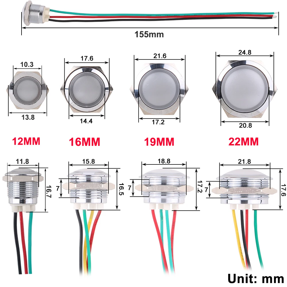 1PC Two LED Metal Indicator Light 12mm 16mm 19mm 22mm Signal Lamp Light With Wire Red Yellow Green DC3V 12V 24V AC220V