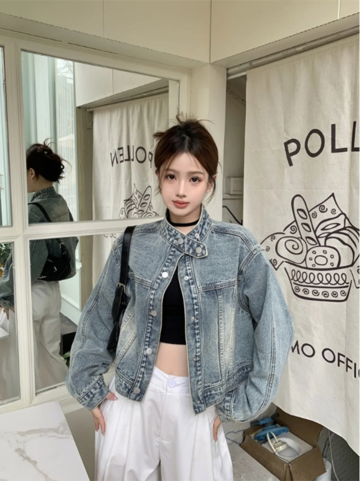 Cappotti di jeans unisex da donna autunno ampia cintura a costine bottone a pressione abbigliamento sportivo cappotti collo alto misto patchwork ricamato Y2K