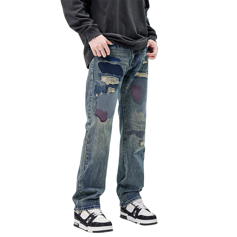 

8632 American high street tide high-end patched jeans men's loose straight trend personality plump handsome high trousers