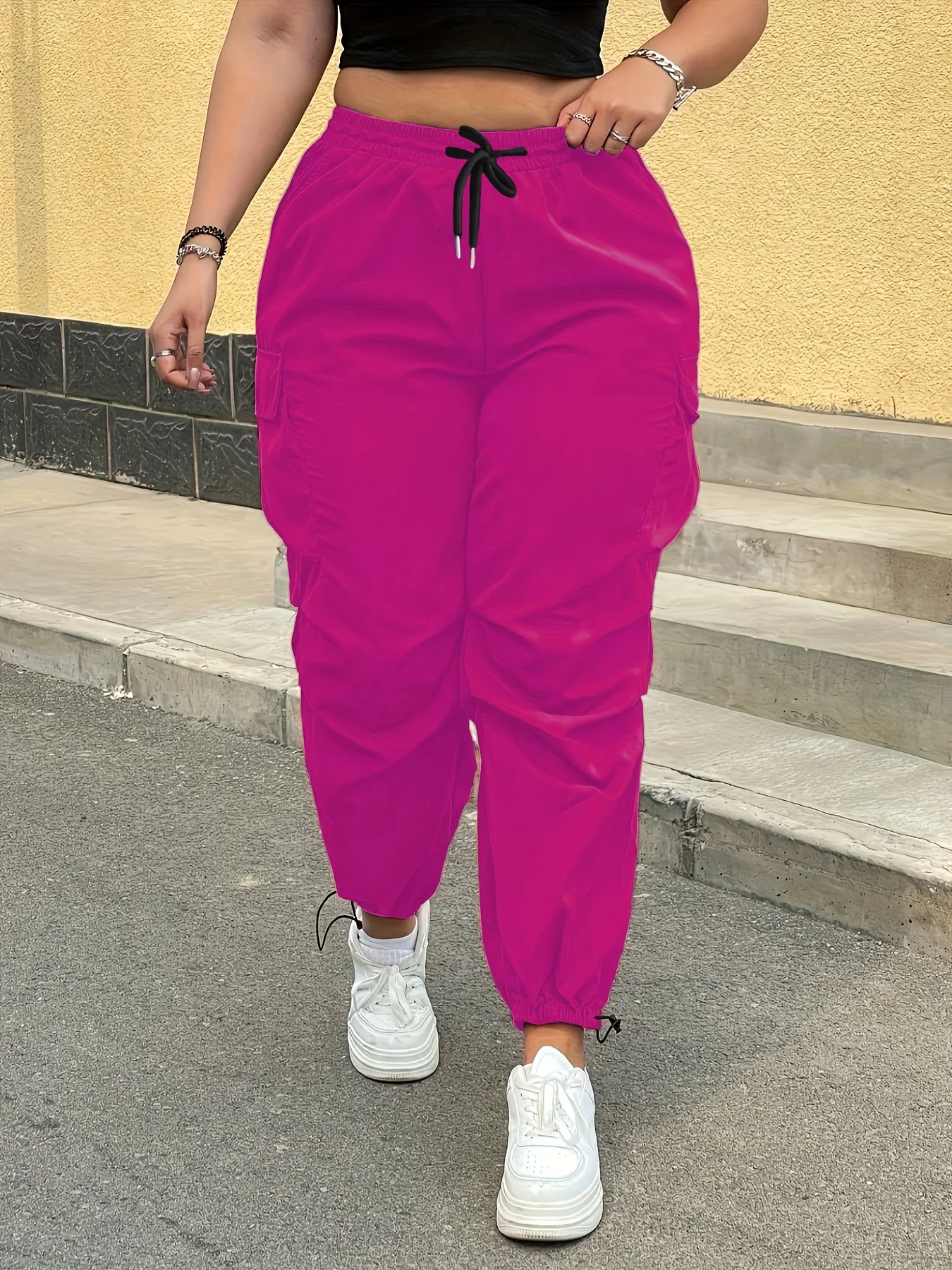 

Women's Casual Streetwear Pink Cargo Pants Loose Drawstring Waist Jogger Trousers Plus Size Trendy Spring Summer Fashionable