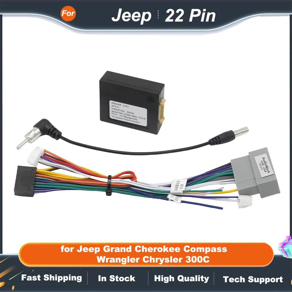 

Radio Wiring Harness Adapter CAN Bus Decoder 16 Pin Plug to 22 Pin Cable for Jeep Grand Cherokee Compass Wrangler Chrysler 300C