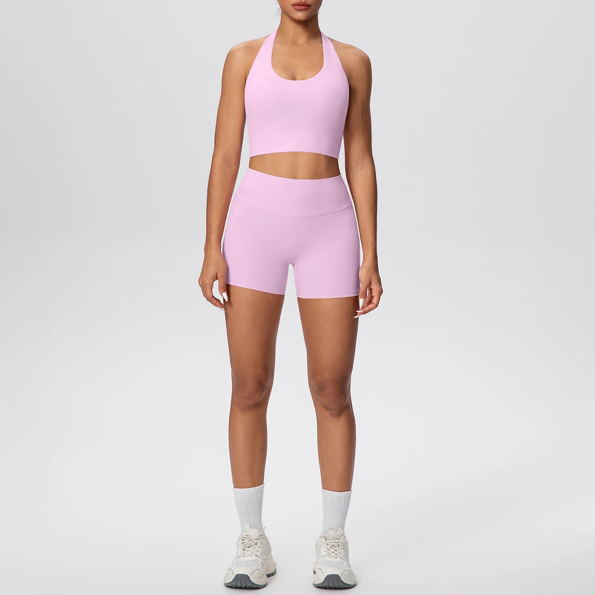 2picese Women Yoga Suit Solid Color High Waist Hip Push Up Fitness Shorts Sexy Pilates Backless Gym Hanging Neck Bra Yoga Set