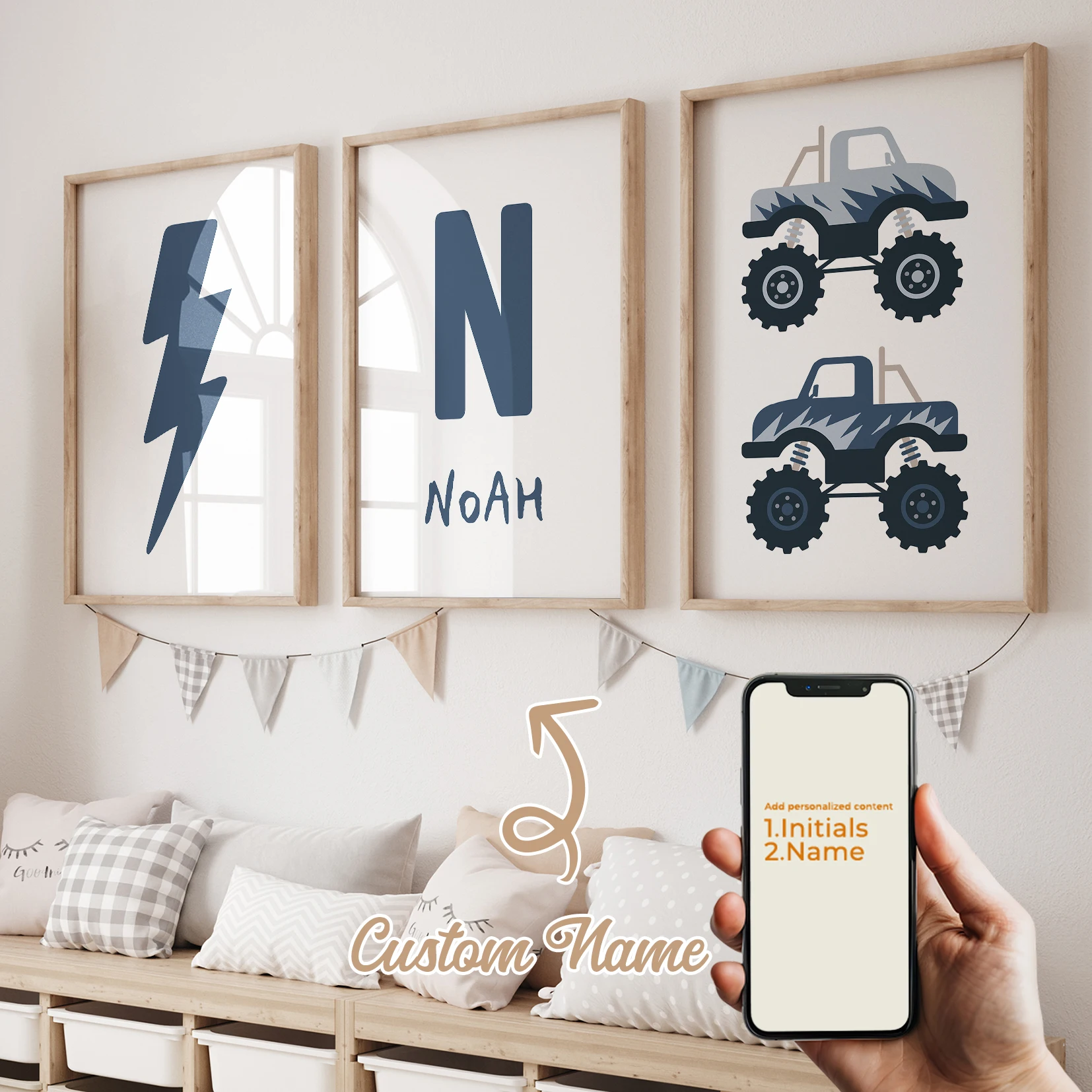 

Modern Personalized Name Custom Blue Flame Monster Truck Wall Art Print Canvas Painting Poster Picture For Kids Room Home Decor