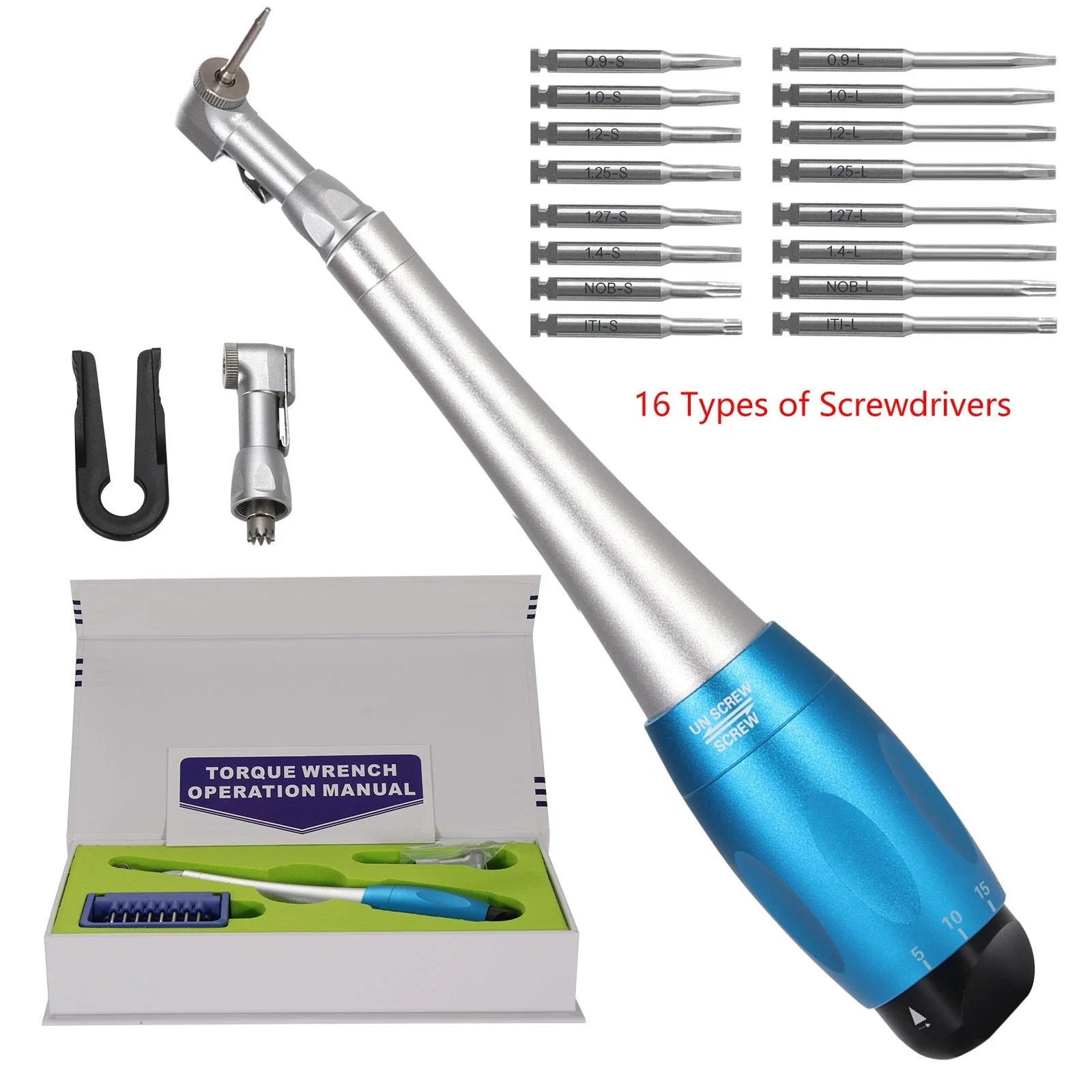 

Стоматологический универсальный набор для имплантатов, динамометрический ключ, контругловой наконечник и 16 драйверов