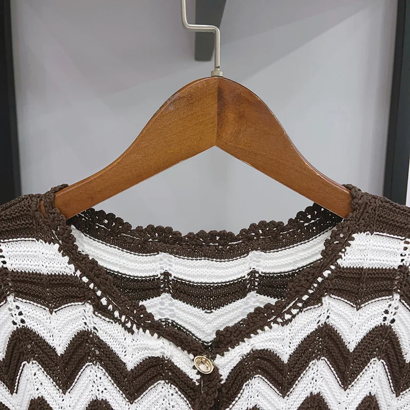 

Spring/Summer Women O-Neck Wave Contrast Lace Hollow Set Sleeveless Top + High Waist Pants + Short Sleeve A-line Mini Dress