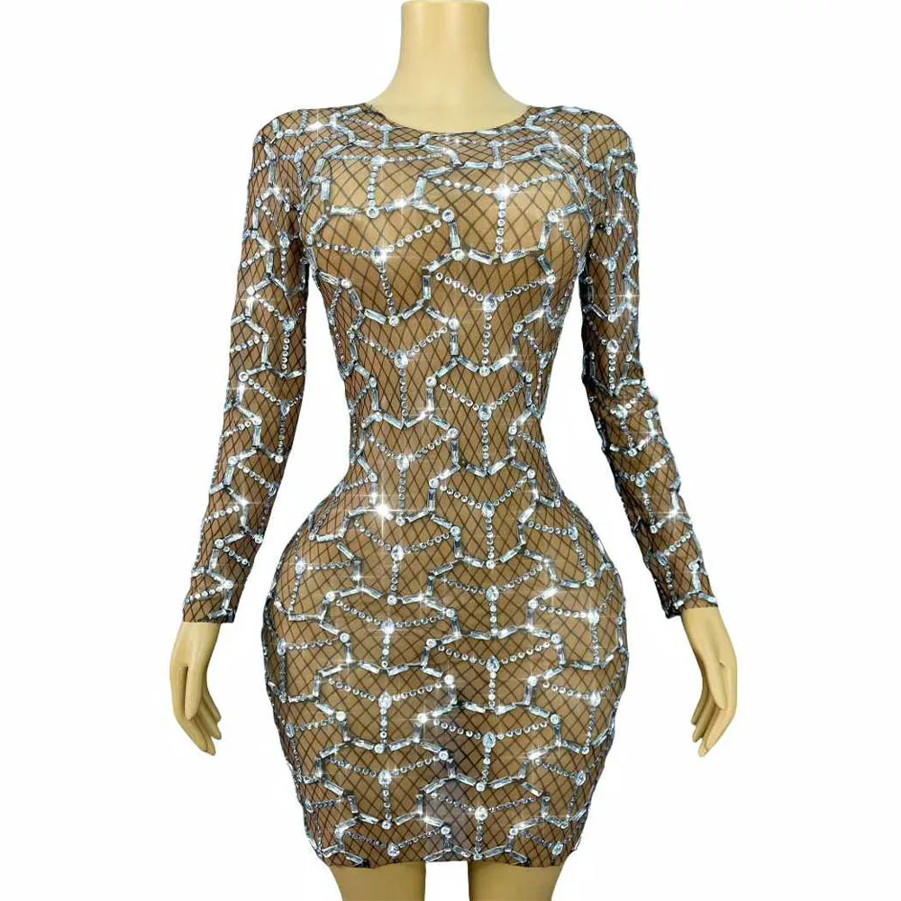 robe-courte-en-maille-transparente-avec-strass-argentes-brillants-tenue-de-soiree-pour-cocktail-fete-d'anniversaire-spectacle-costume-de-scene