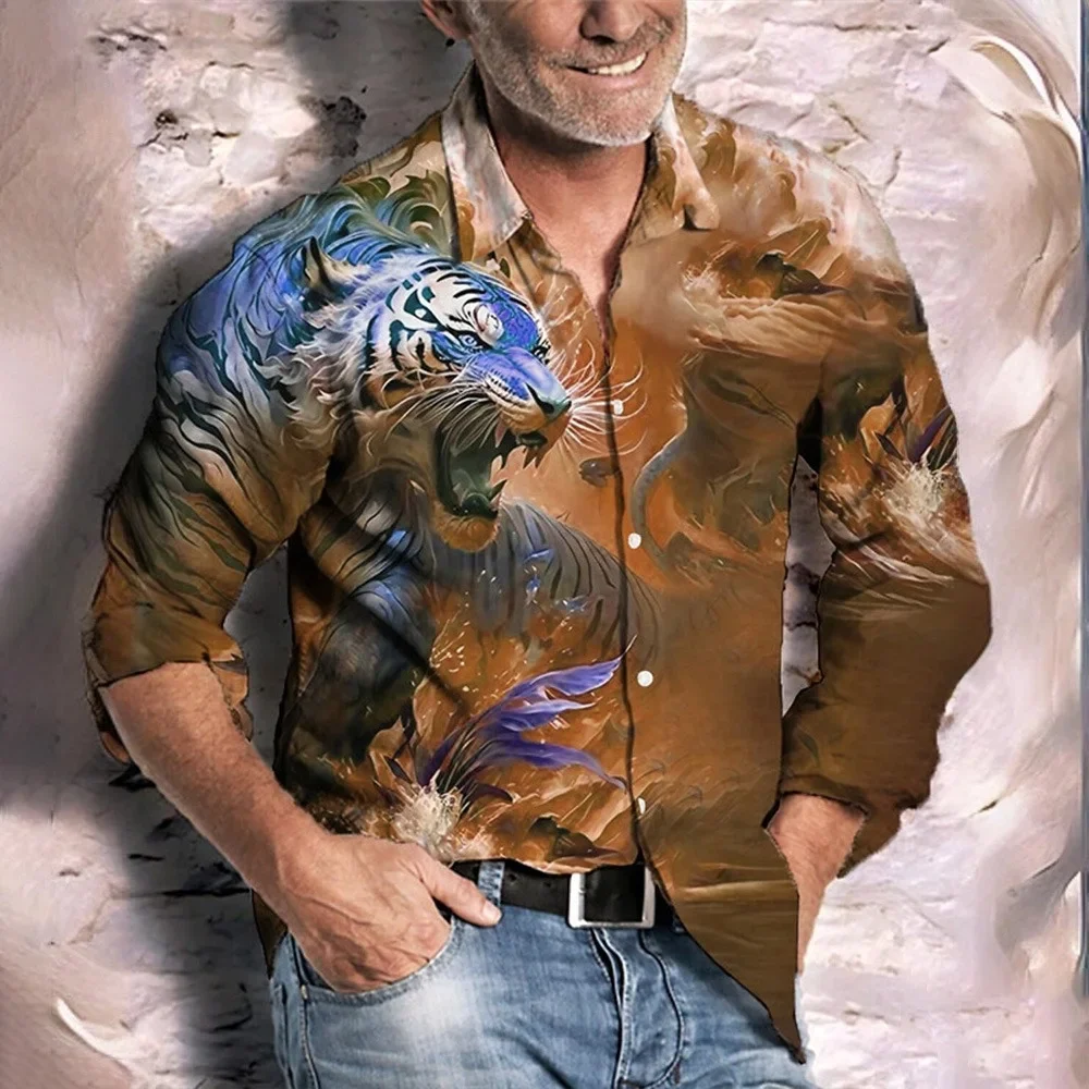 Four Seasons Shirt Men's Fashion Tiger Print Shirt Hawaiian Vacation Casual Top Men's Lapel Button Up Long Sleeve Shirt