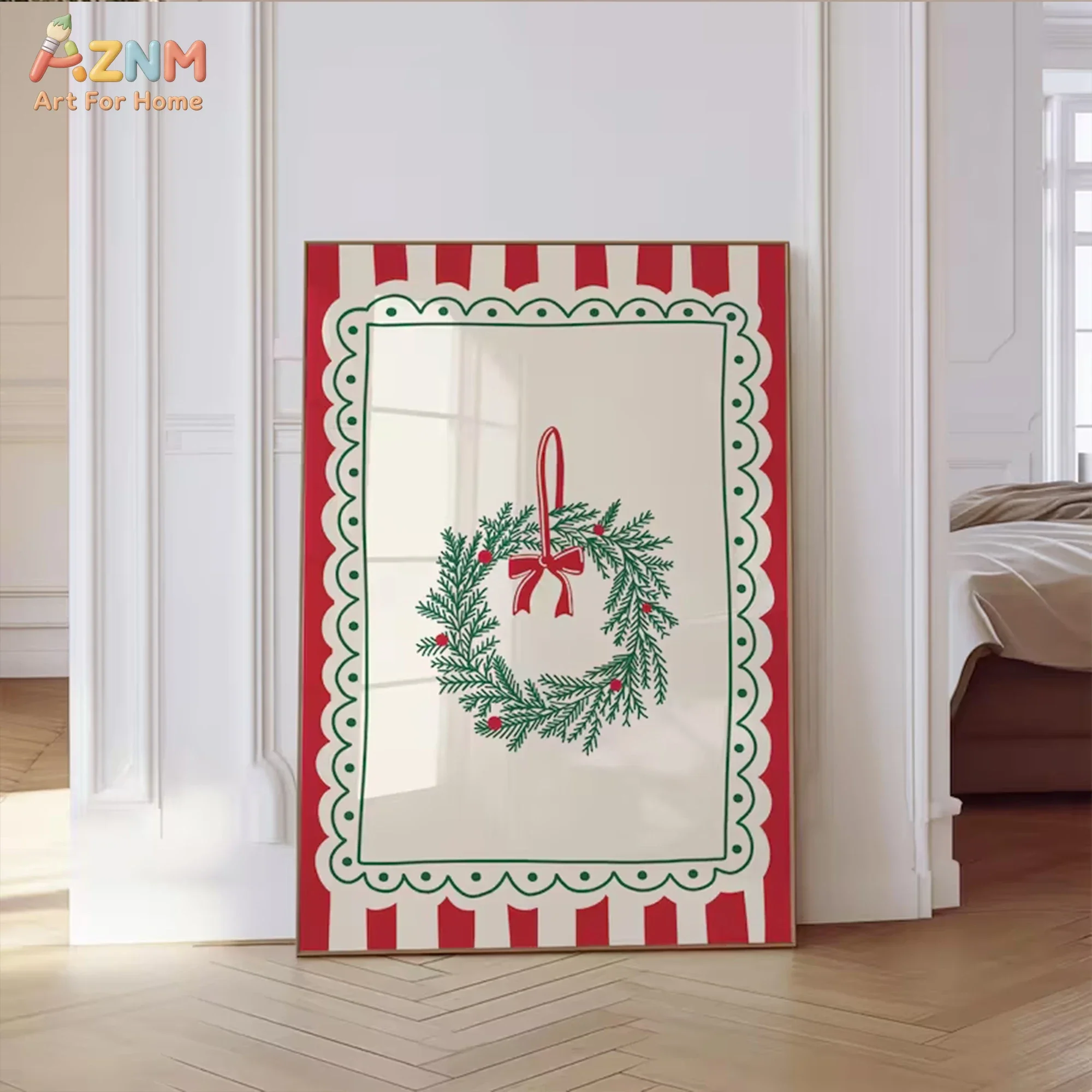 AZNM Retro Christmas Wreath Canvas Wall Art, Red Stripe Scallop Border Festive Print, Cute Bow Pine Wreath Holiday Poster for Pr
