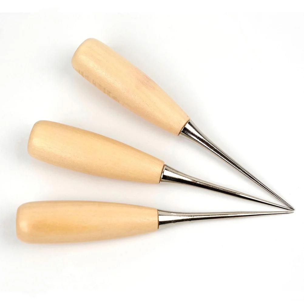 3pcs Practical Sewing Awl DIY Hand Tool Solid Wooden Handle Awl Round Hole Sewing Awl Durable DIY Sewing Tool Accessorie