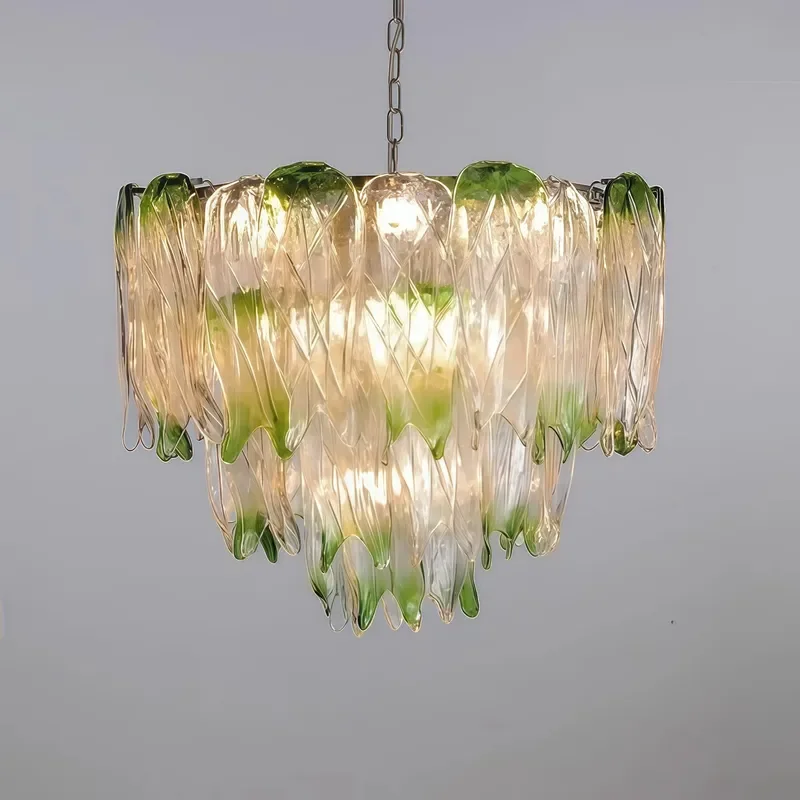 Modern Gradient Green Glass Chandelier Hand Blown Pendant Light Fixture for Living Room and Dining Room Home Decor Lighting