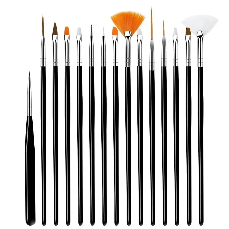 15Pcs All-in-one Nail Art Brush Set Black/Pink/White Handle Multi-type Tips for Liner Painting Carving Fan-shaped Dotting UV Gel