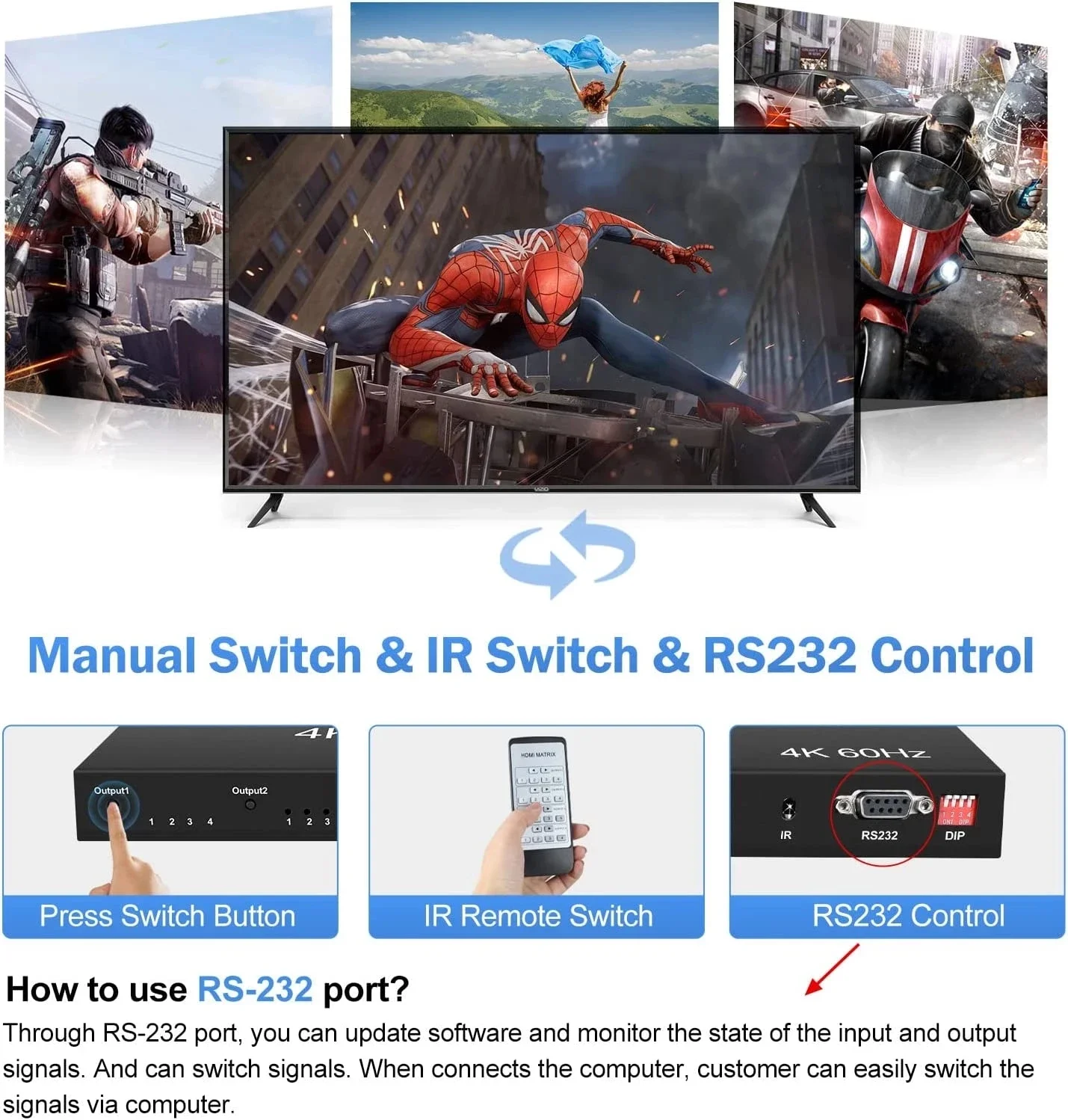 4K 60Hz HDMI True Matrix 4X4 HDMI 2.0 Matrix HDMI Switcher Splitter Selector 4 in 4 out HDCP2.2 EDID RS232 for PS4 PC TV Monitor