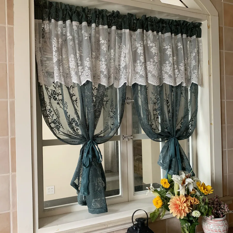 American Pastoral Dark Green Short Curtain Coffee Half Curtain Double Lace Embroidered Sheer Curtain for Kitchen Cabinet Door