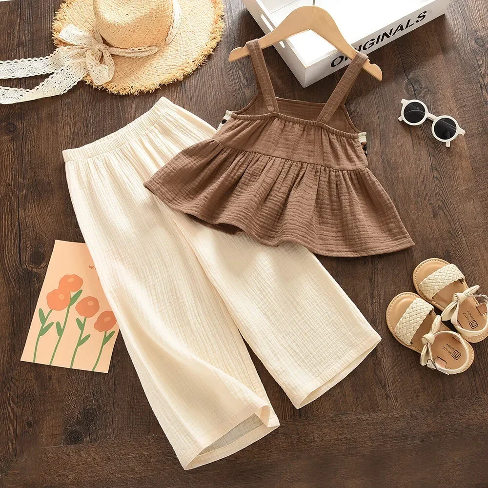 Girls Summer Clothes 2026 Korean Version Fashion New Brown Lace Patchwork Camisole Top + Pants Casual Vacation Children's Sets