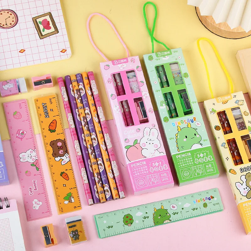 

5Pcs/set Writting Supplies Students Children Kids Gifts Cartoon Stationery Set with Ruler Pencil Eraser Sharpener