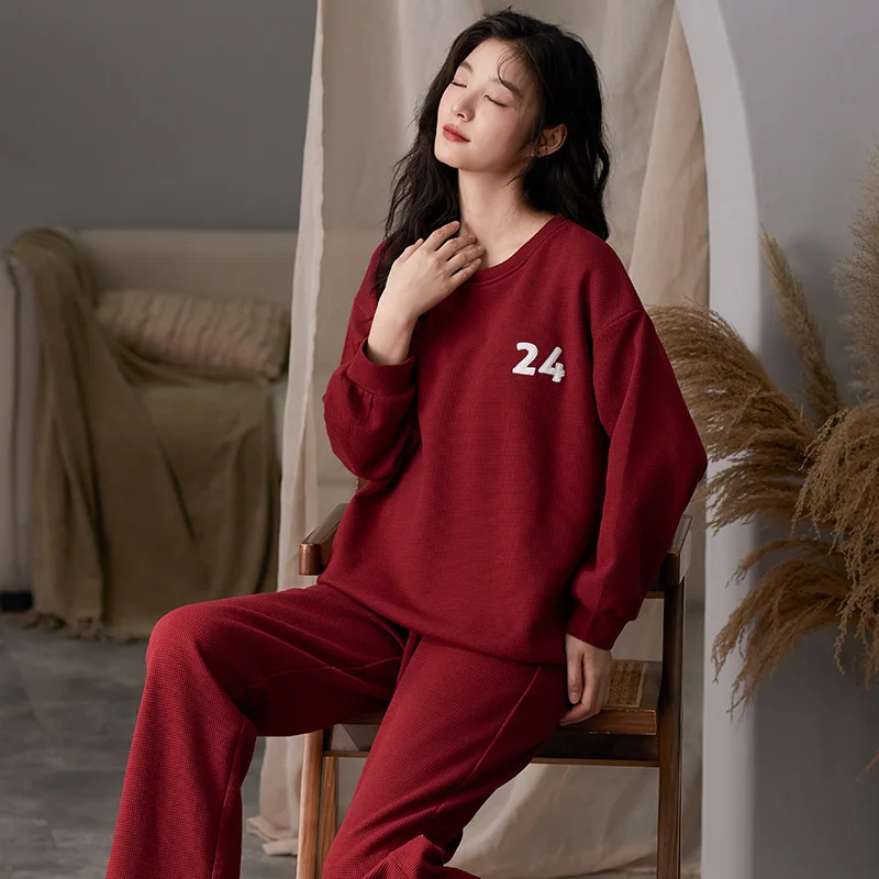 Simple Solid Color Pajamas Sets Women Long Sleeves Long Pants Autumn Winter Casual Sleepwear Soft Pyjamas Cozy Pijamas Girls Pjs