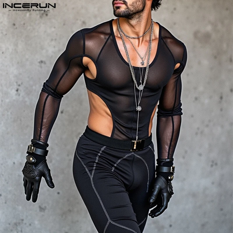 Incerun 2024 estilo americano macacão moda masculina sexy transparente malha fina bodysuits masculino homewear manga comprida macacão S-5XL