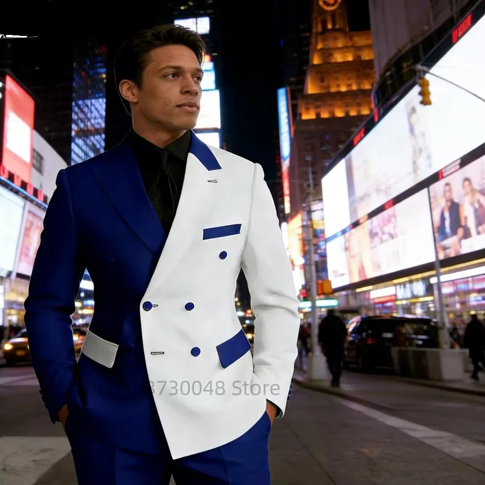 

Fashion 2 Piece Wedding Men Suits Slim Fit Peak Lapel Blue White Blazer Pants Groom Tuxedos Business Suits Set (Jacket+Pants)