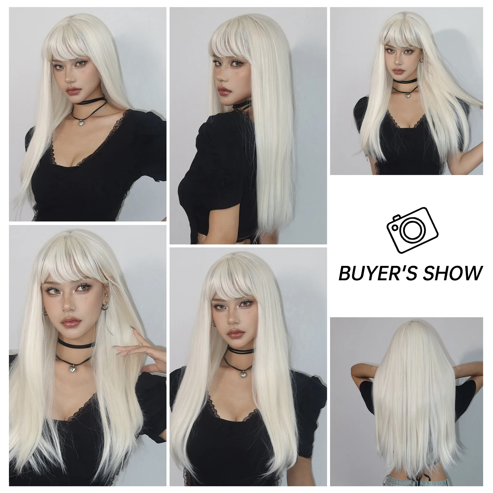 Long Straight White Platinum Synthetic Wigs with Bangs for Women White Blonde Cosplay Lolita Wig Natural Hair Heat Resistant Use