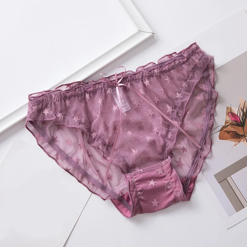 Women Briefs Star Printed Mesh Ruffled Lace Edge Front Satin Bow Decor Low Waist Breathable Sheer Ladies Underwear