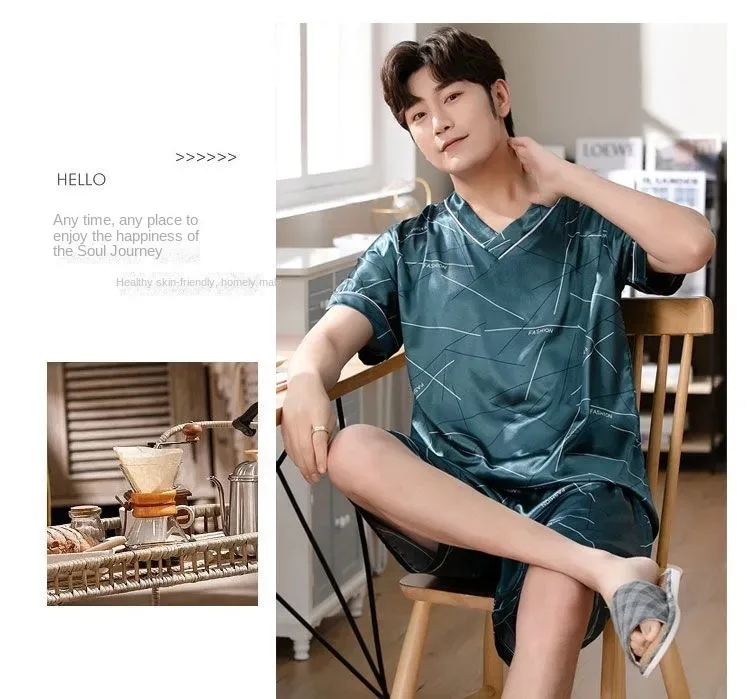 Pyjama Männer Eis Seide Kurzarm Student Homewear zweiteiliges Set von leicht zu reinigenden Kurzarm Shorts Nachtwäsche Lounge wear – Detail 6