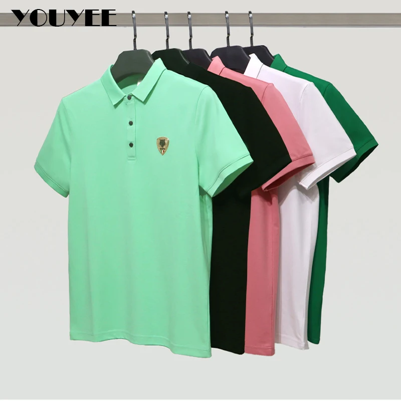 Men\'s Solid Color Casual Polo T-shirt Logo Decorate Candy Bright Color Male Lapel Polo Tops High Quality High Grade Man Clothing