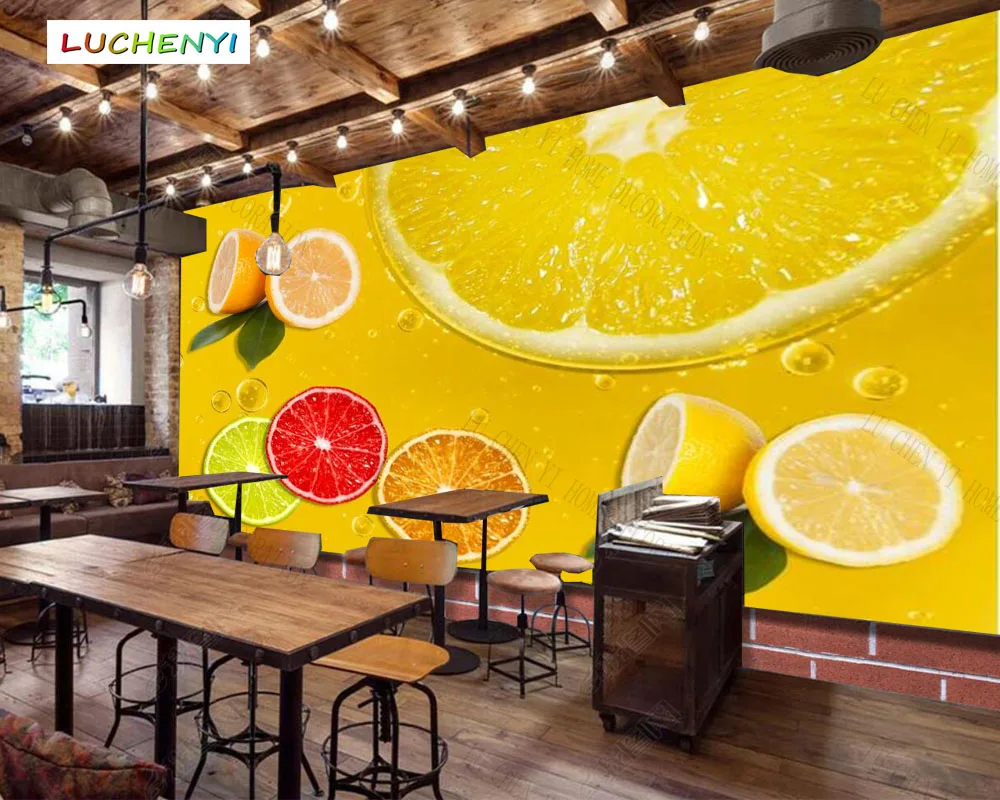 

Papel de parede custom yellow lemon fruit 3d wallpaper mural,cool drink restaurant juice shop dining room wall papers sticker