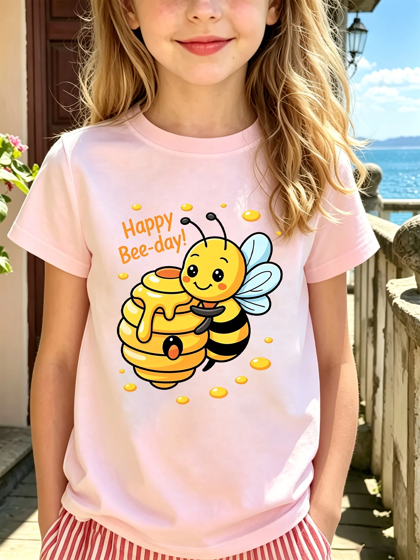 Cute Happy Bee Day Kids Tee Cartoon Bee Honeycomb Graphic Print Boys Girls Family Matching Cotton Short Sleeve Children Tshirt