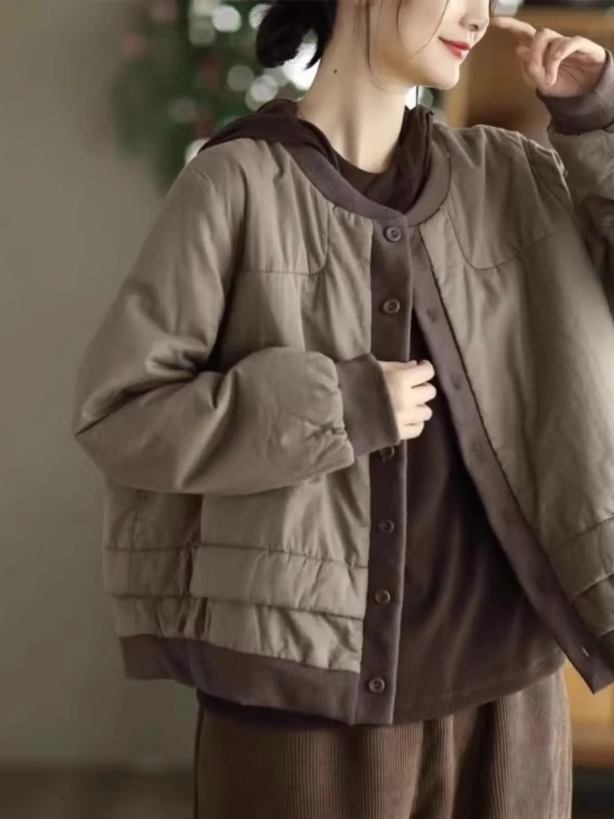 

Thiened Cotton Padded Jaet Women's Autumn Winter Warm Baseball Sle Coat Loose Fit Long Sve Stand Collar Single Button