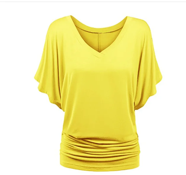 2022 Women Summer T-shirt Ruched V-Neck Batwing Short Sleeves T shirt Solid Casual Loose Female Tops Tees