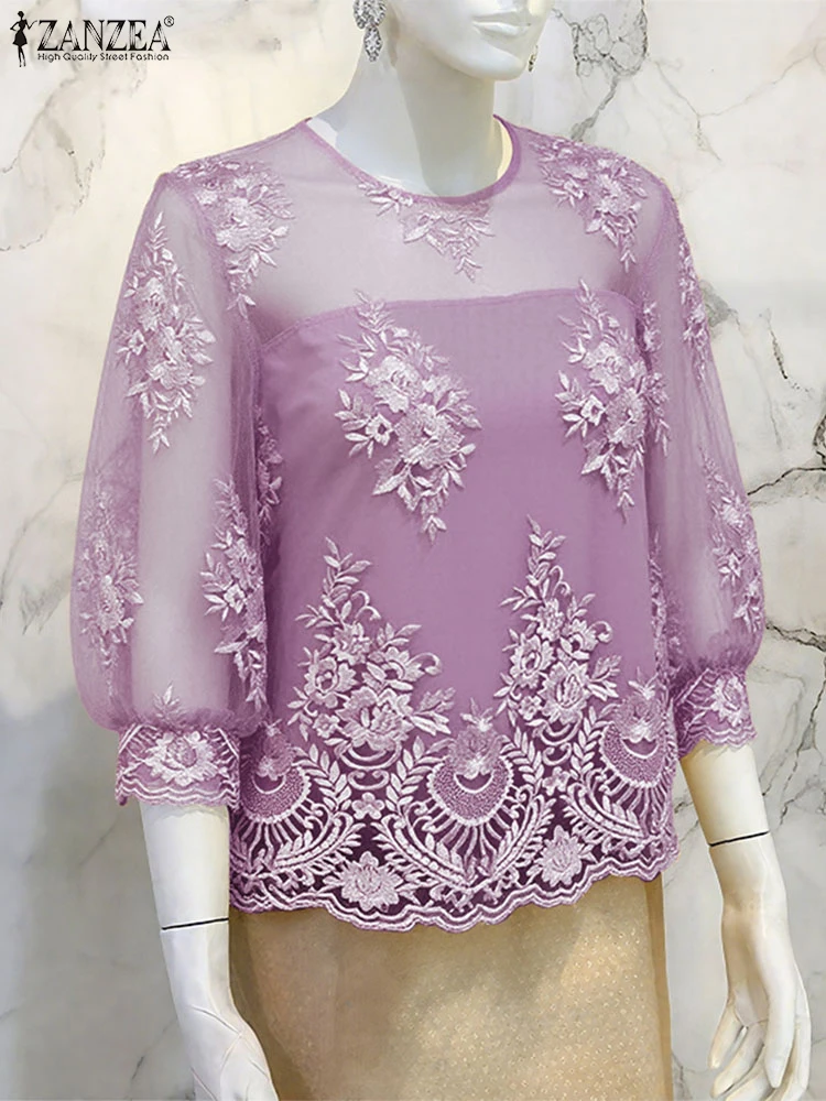 

ZANZEA Elegant Blouse Women Shirts 2025 Autumn Puff Sleeve See-through Lace Fashion Tops O-Neck Loose Office OL Casual Blusas