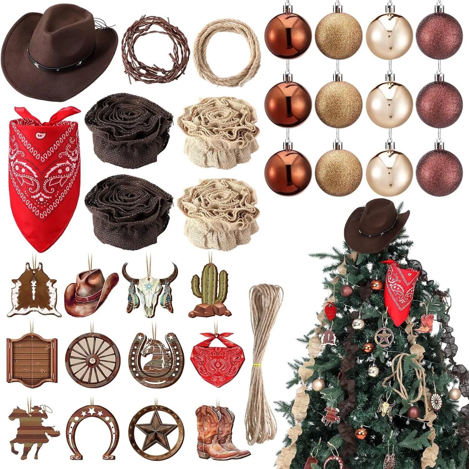 

32 Pcs Wooden Cowboy Hat Ornaments, Western Christmas Decor with Rusted Barbed Wire Garland for Holiday Home Party