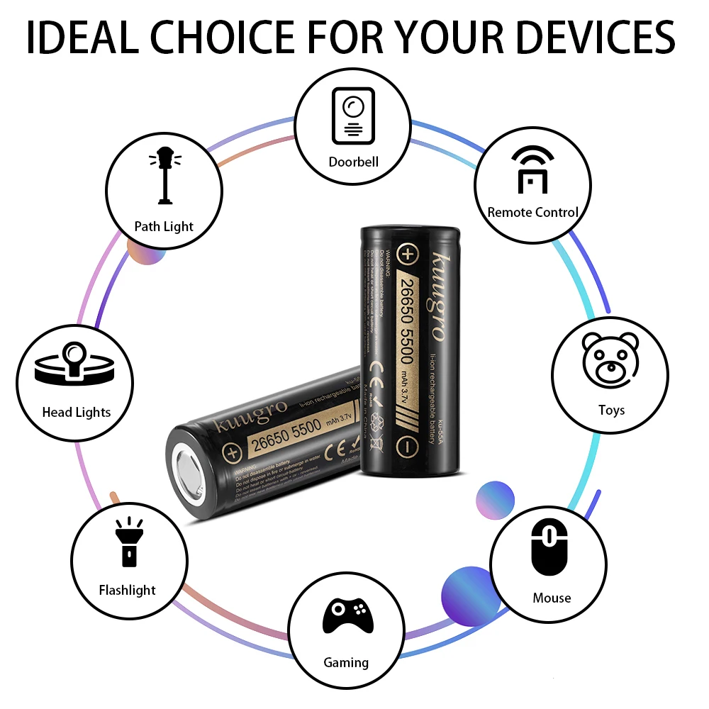 Kuugro Ku-55A 26650 5500mAh Bateria litowa 3.7V 5500mAh 26650-55A Akumulator do ponownego ładowania, odpowiednia do latarki, 1-20 sztuk — zdjęcie produktu 5